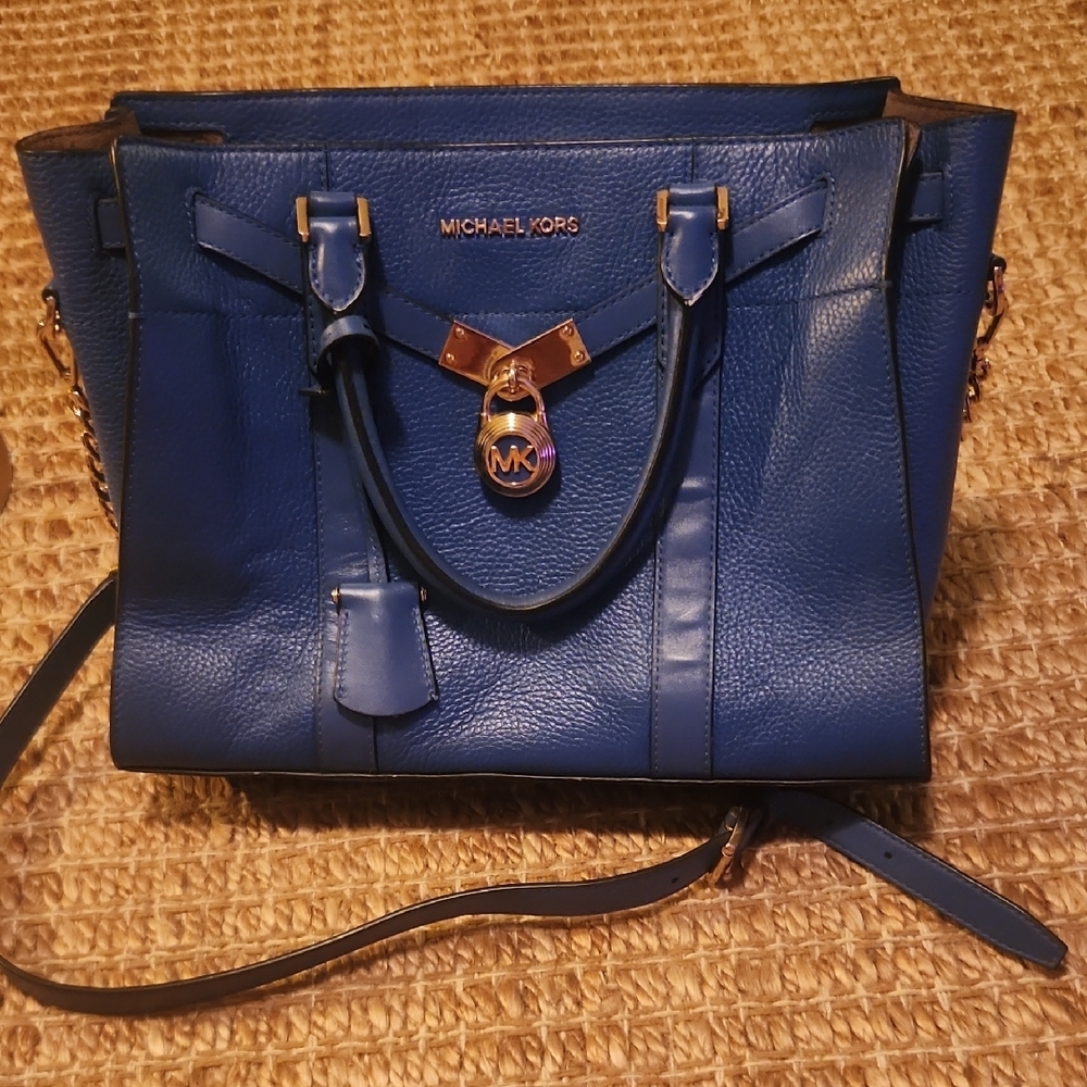 Michael Kors Blue Leather Satchel Structured Tote with Gold Lock And Chain Strap